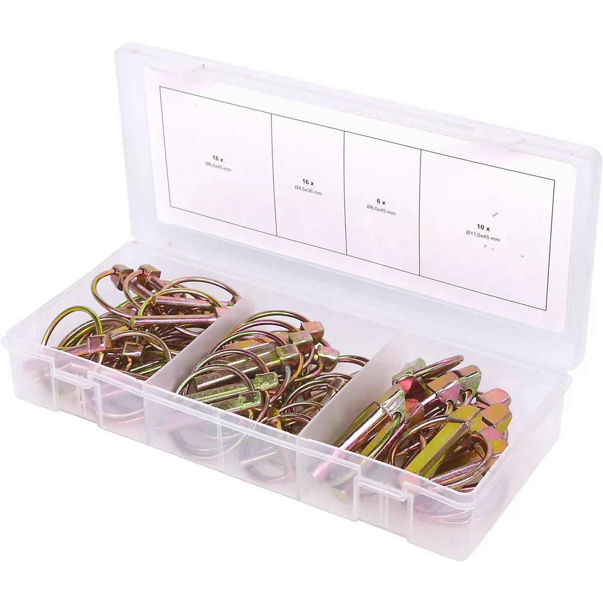 Metall-Splinte in einer transparenten Box, aufgeteilt in Fächer. Deckel halb geöffnet. Beschriftung.